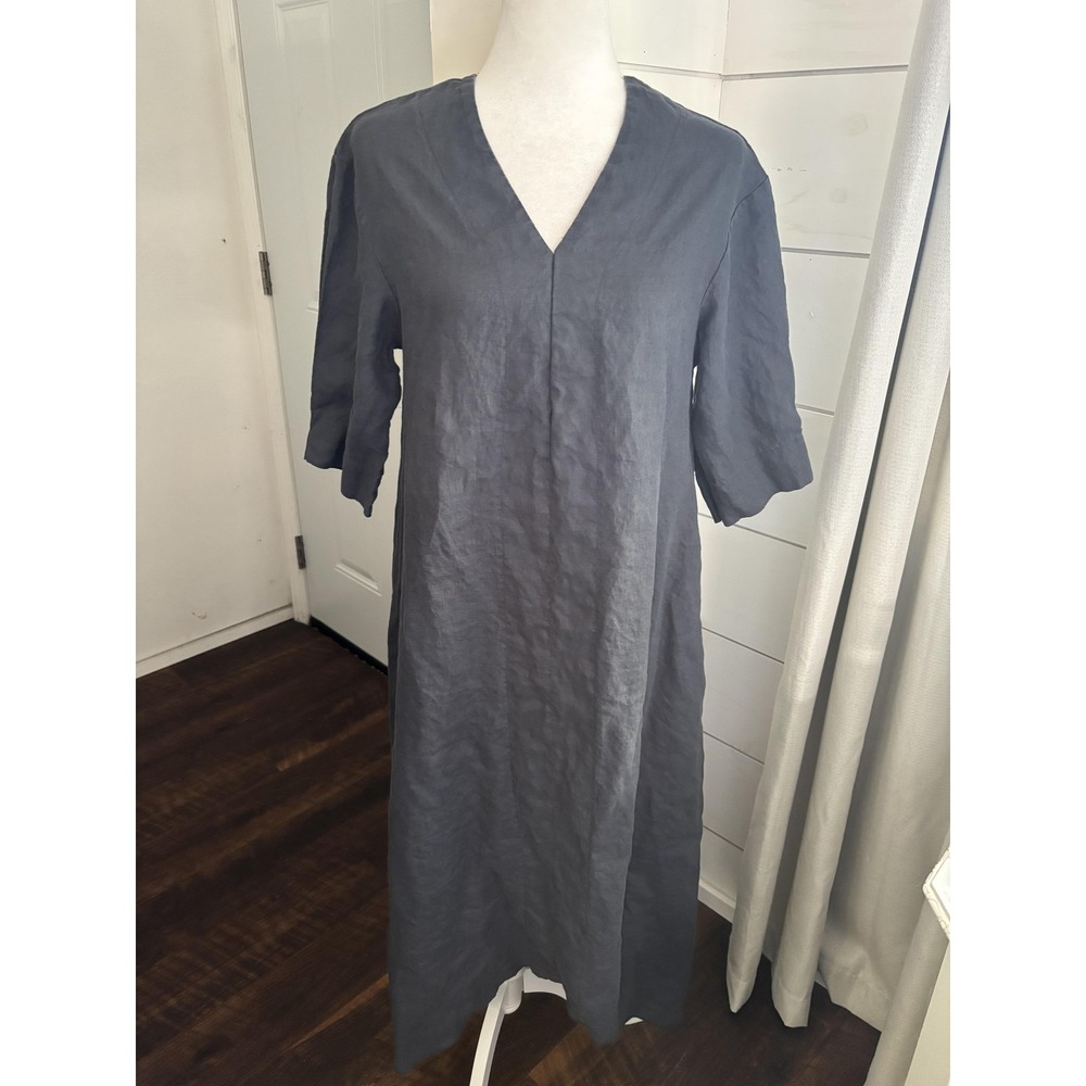 Moutaki Dress Womens Medium Blue Linen V Neck Midi‎ Shift Short Sleeve Greece